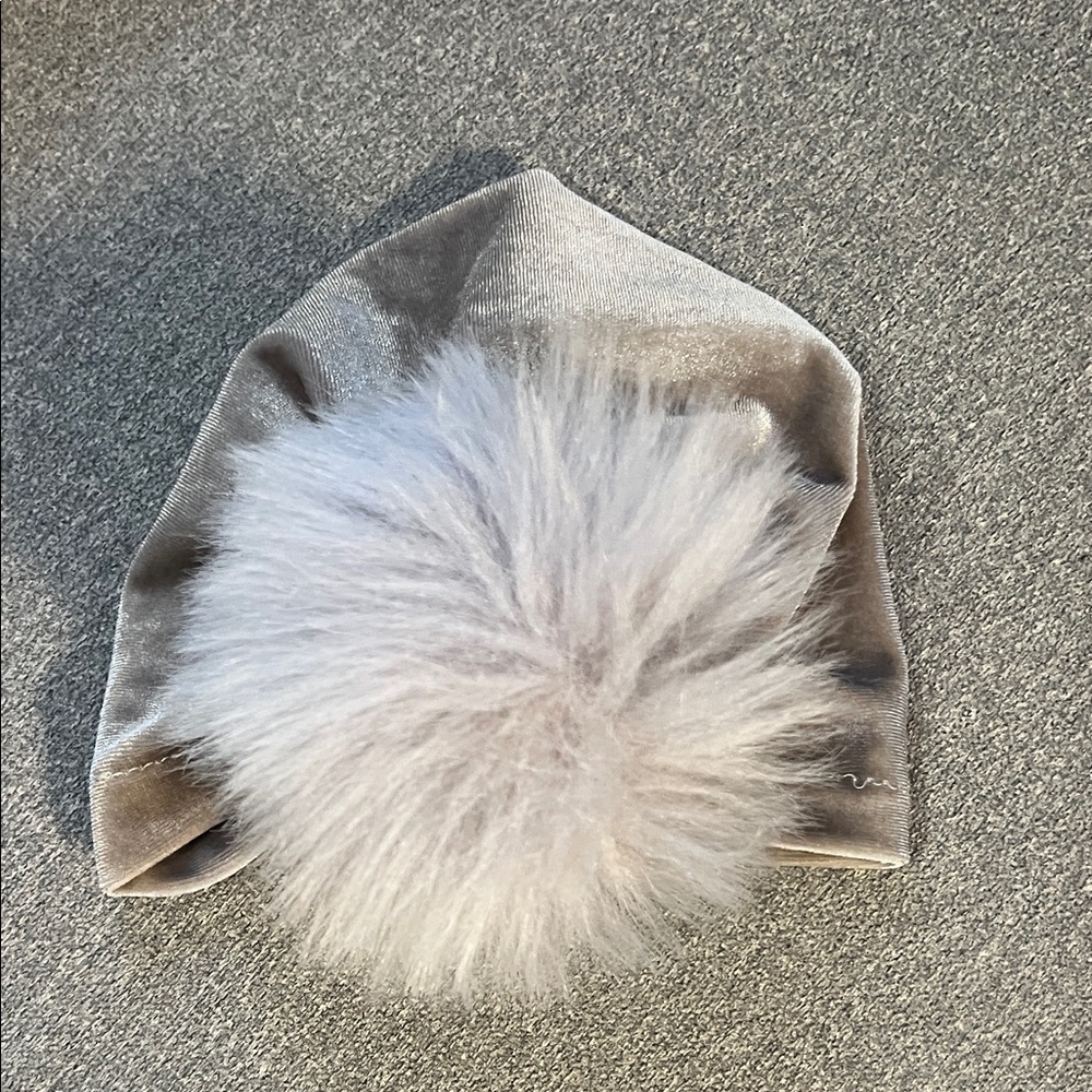 Gray Velvet Beanie with Faux Fur Pom Newborn/Baby Hat